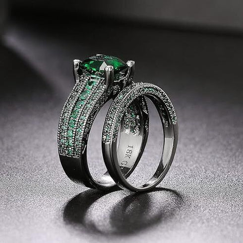 2 Pcs Princess Cut Green Black 18K Gold Plated Cubic Zirconia Women's Ring
